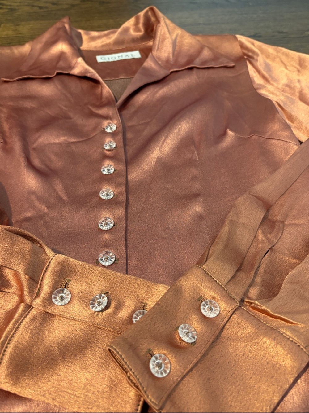Cignal Copper Satin Blouse Size S Shimmer Button Front Long Sleeve Unique - Picture 6 of 12